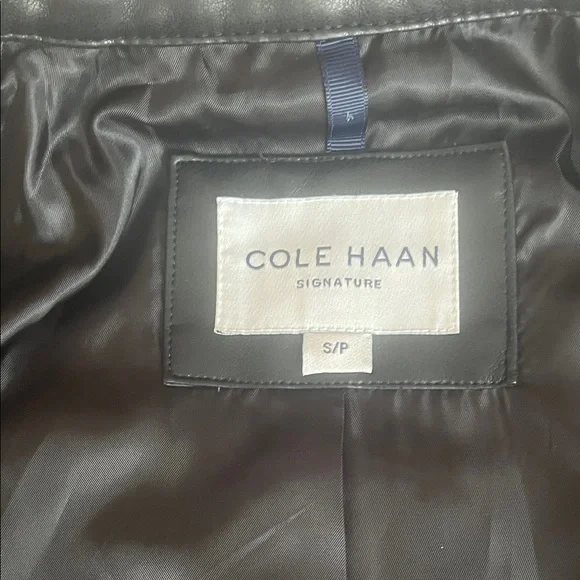 Cole Haan Black Leather Feel Biker Jacket with Gold Accents Zipper - Picture 8 of 13